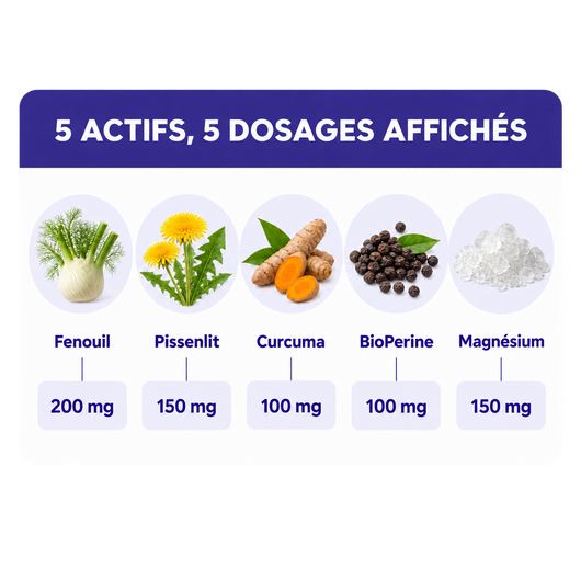Les 5 actifs d'Équilibre Digestif : fenouil, pissenlit, curcuma, BioPerine et magnésium bisglycinate