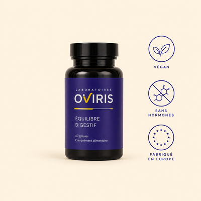Flacon Équilibre Digestif Oviris, complément ménopause végan sans hormones fabriqué en Europe