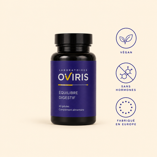 Flacon Équilibre Digestif Oviris, complément ménopause végan sans hormones fabriqué en Europe